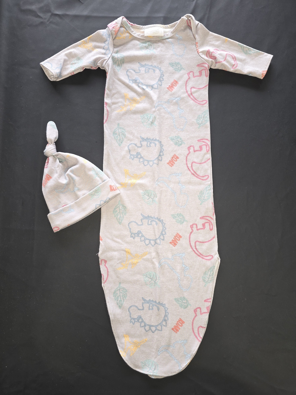 Baby Knotted Sleep Gown & Hat in Light Gray with Pastel Dino Print